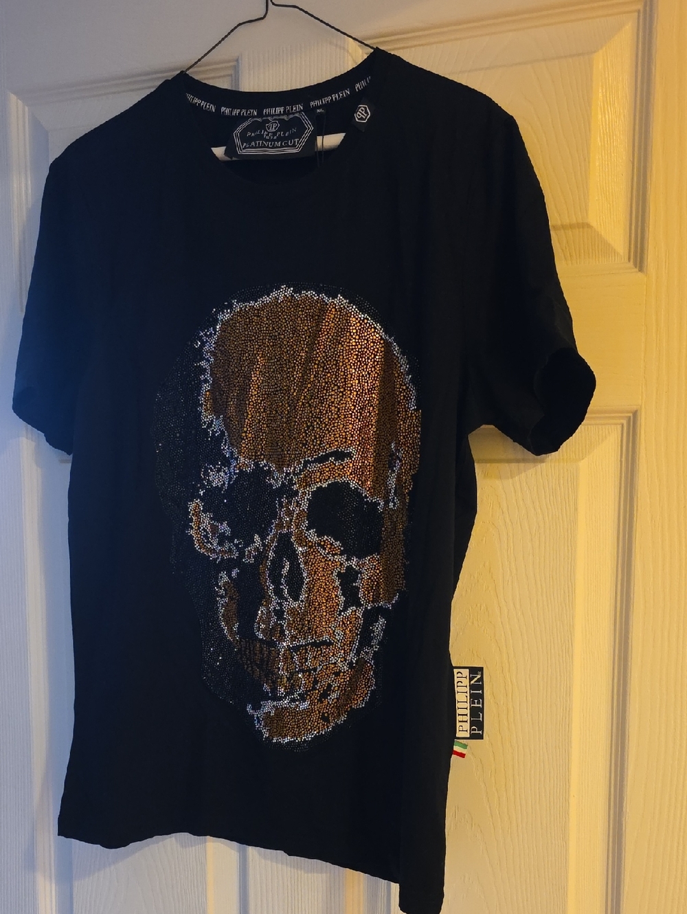 Philipp Plein Black T-Shirt Platinum Cut with Gold & Silver Sequin Skull